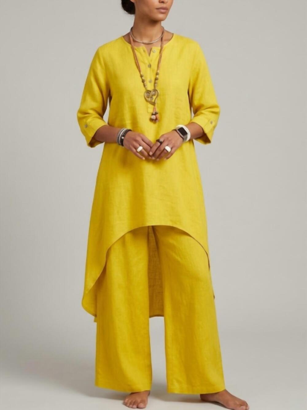 NEW MIAMI SAMPLE APPAREL casual long sleeve cotton linen two-piece set in yellow
